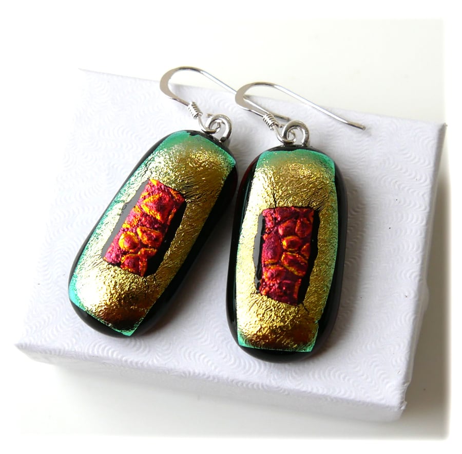 Handmade Fused Dichroic Glass Earrings 305 Green Gold