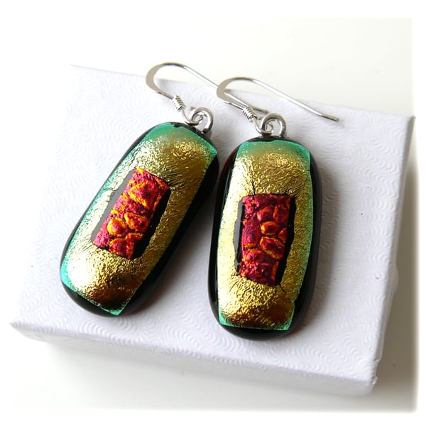 Handmade Fused Dichroic Glass Earrings 305 Green Gold