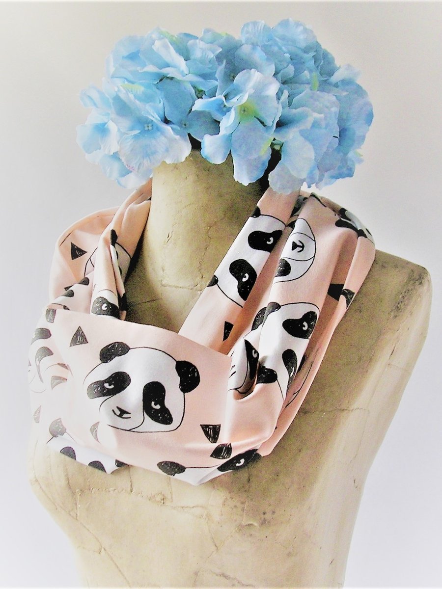 Panda print pale salmon pink cotton jersey cowl, snood, loop, infinity scarf