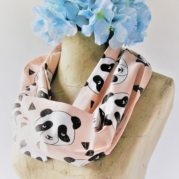 Panda print pale salmon pink cotton jersey cowl, snood, loop, infinity scarf
