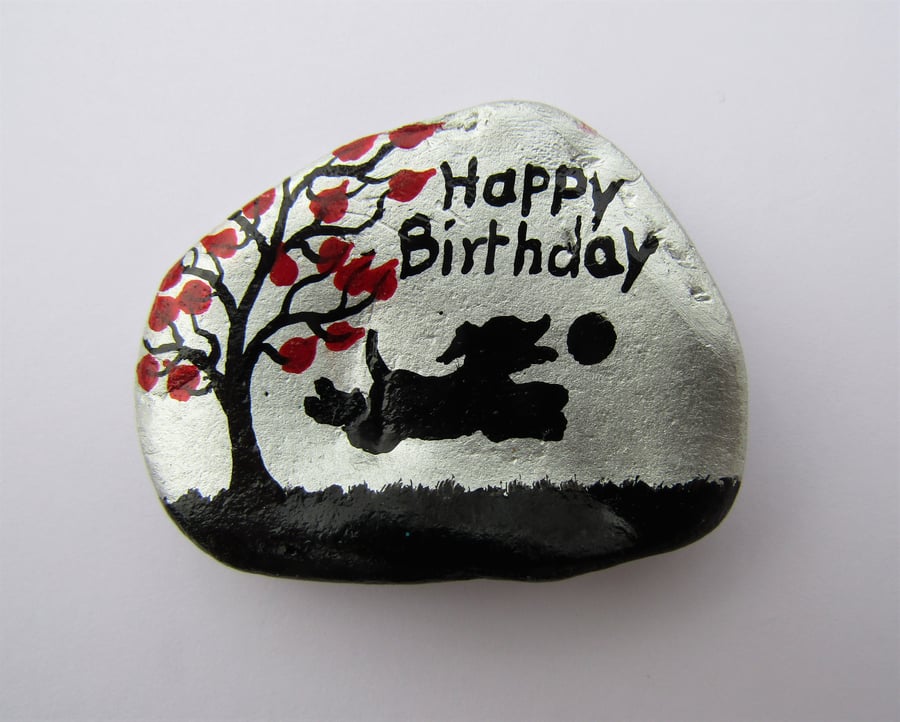Dog Birthday Card, Unique Art Card, Hand Painted Shell, Dog Ball Tree Painting