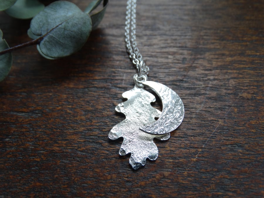Moon and oak leaf pendant - crescent moon - recycled silver