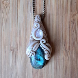 Labradorite with Pink Mother of Pearl and Polymer Clay Amulet Pendant 