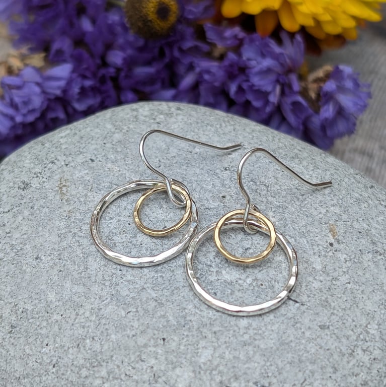 Silver and Gold Hammered 2 Circle Earrings - JBJ1015
