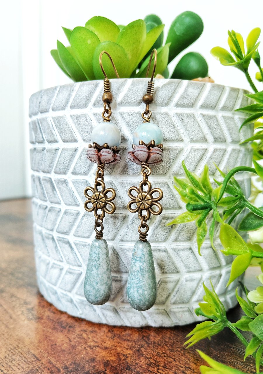 Bronze and Light Blue Long Teardrop Earrings
