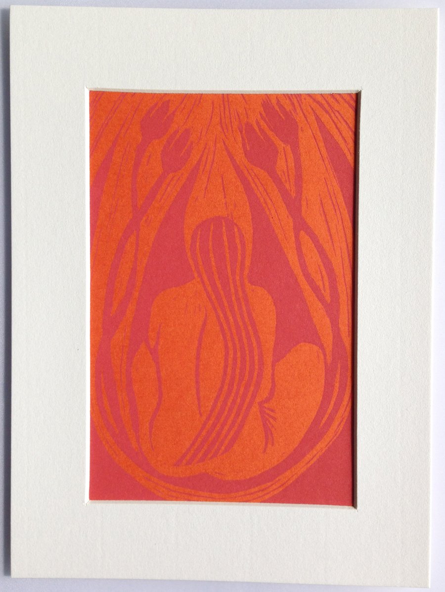 Nude in the Flowers, pink on orange, mounted