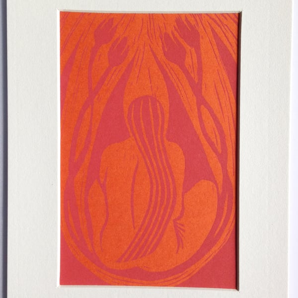 Nude in the Flowers, pink on orange, mounted