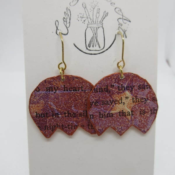 Upcycled Vintage Book Bronze Flower Drop Earrings