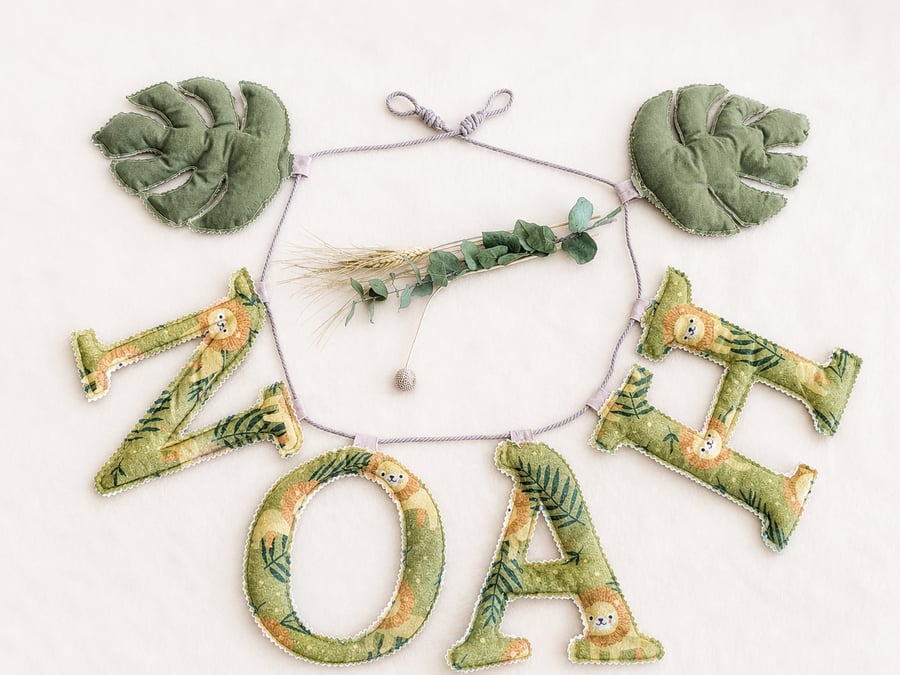 Personalised Safari Name Garland - Monstera Leaf Jungle Nursery Heirloom Gift