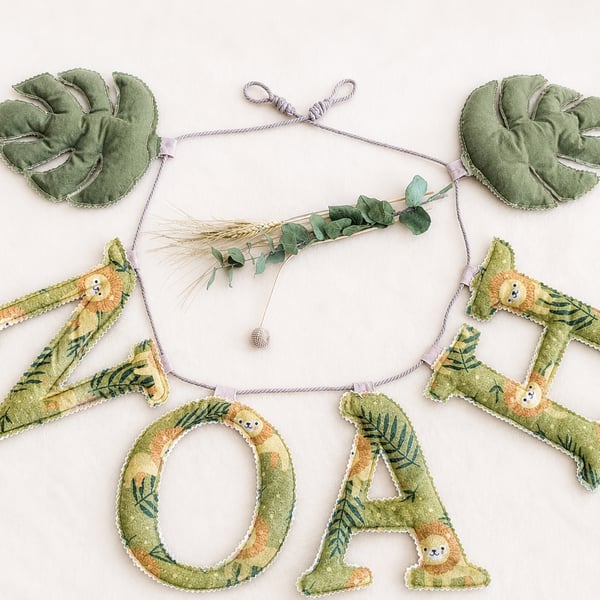 Personalised Safari Name Garland - Monstera Leaf Jungle Nursery Heirloom Gift
