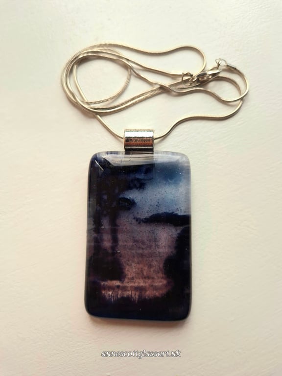 Handmade Night over the Water (b) Fused Glass Pendant necklace