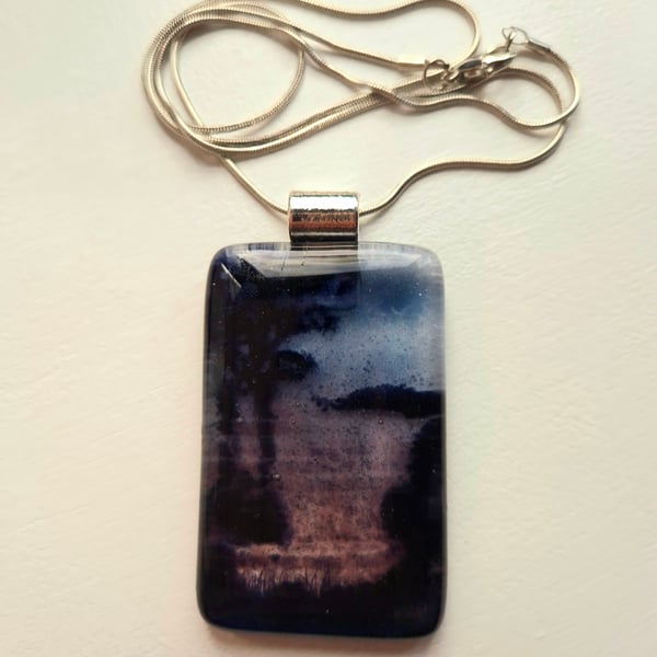 Handmade Night over the Water (b) Fused Glass Pendant necklace