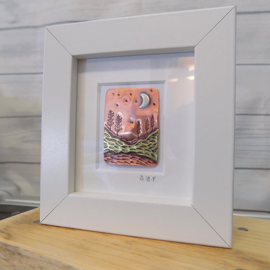 Copper brass and silver 'autumnal starry night' framed mixed metals miniature 