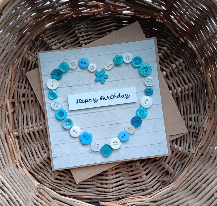 Blue Buttons Heart Perfectly Imperfect Birthday Card Size 5" x 5"