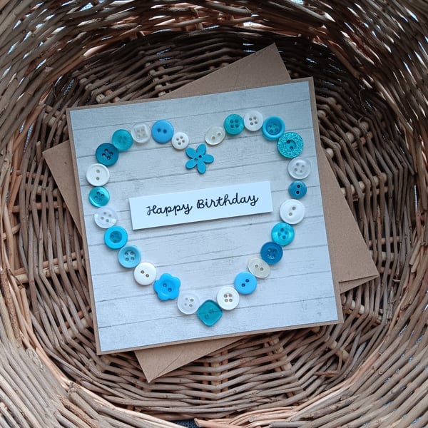 Blue Buttons Heart Perfectly Imperfect Birthday Card Size 5" x 5"