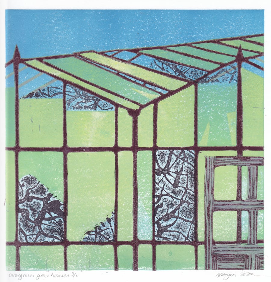 Original lino cut print OVERGROWN GREENHOUSES  