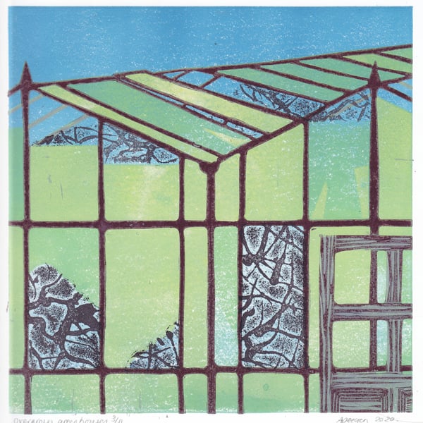 Original lino cut print OVERGROWN GREENHOUSES  