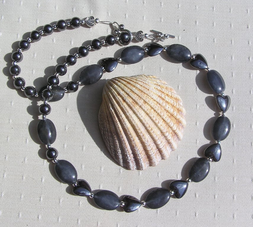 Grey Tourmaline & Black Hematite Heart Gemstone Statement Gothic Chakra Necklace