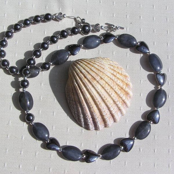 Grey Tourmaline & Black Hematite Heart Gemstone Statement Gothic Chakra Necklace