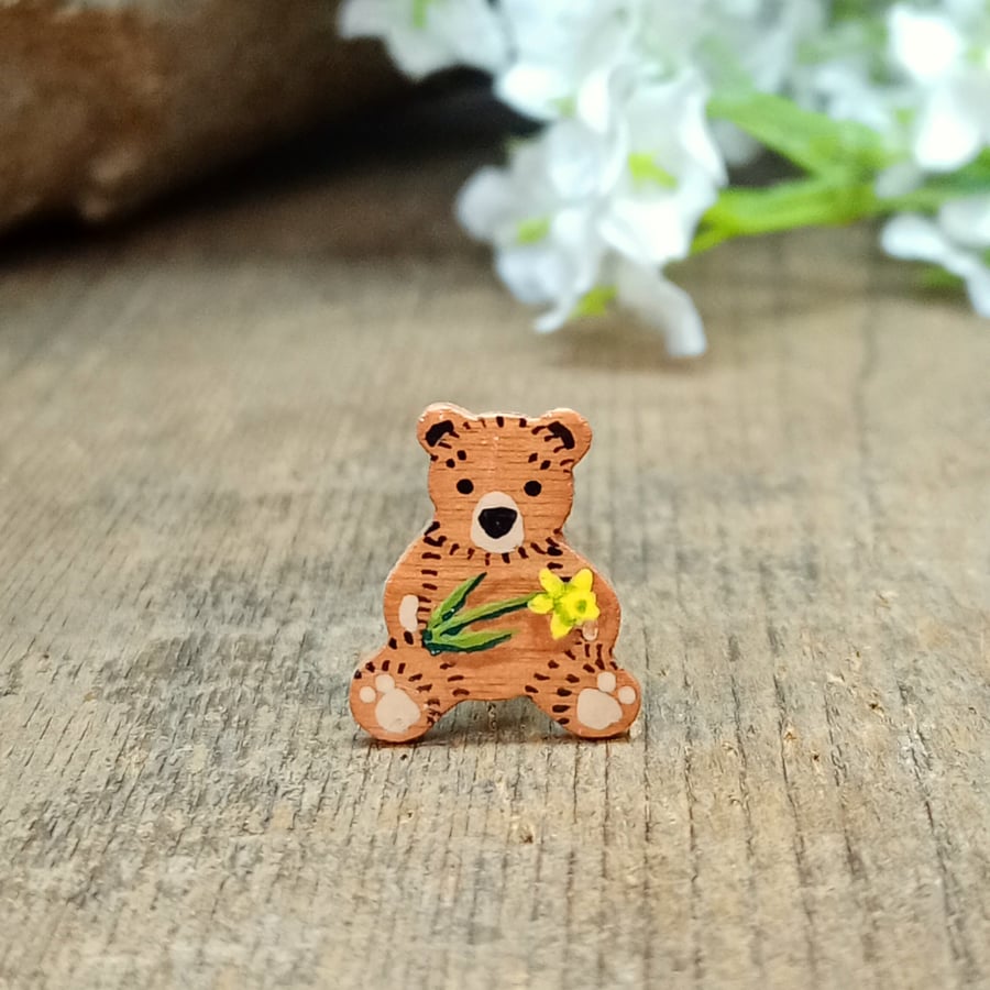 Daffodil Bear Pin, Handmade Tiny Teddy Bear Brooch, March Birth Flower Badge