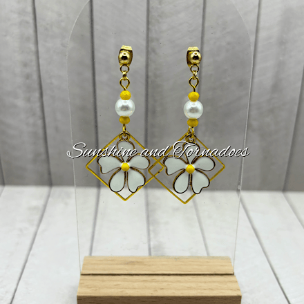 Gold Floral Pearl Earrings with Faux Pearl Beads – Handmade Jewellery
