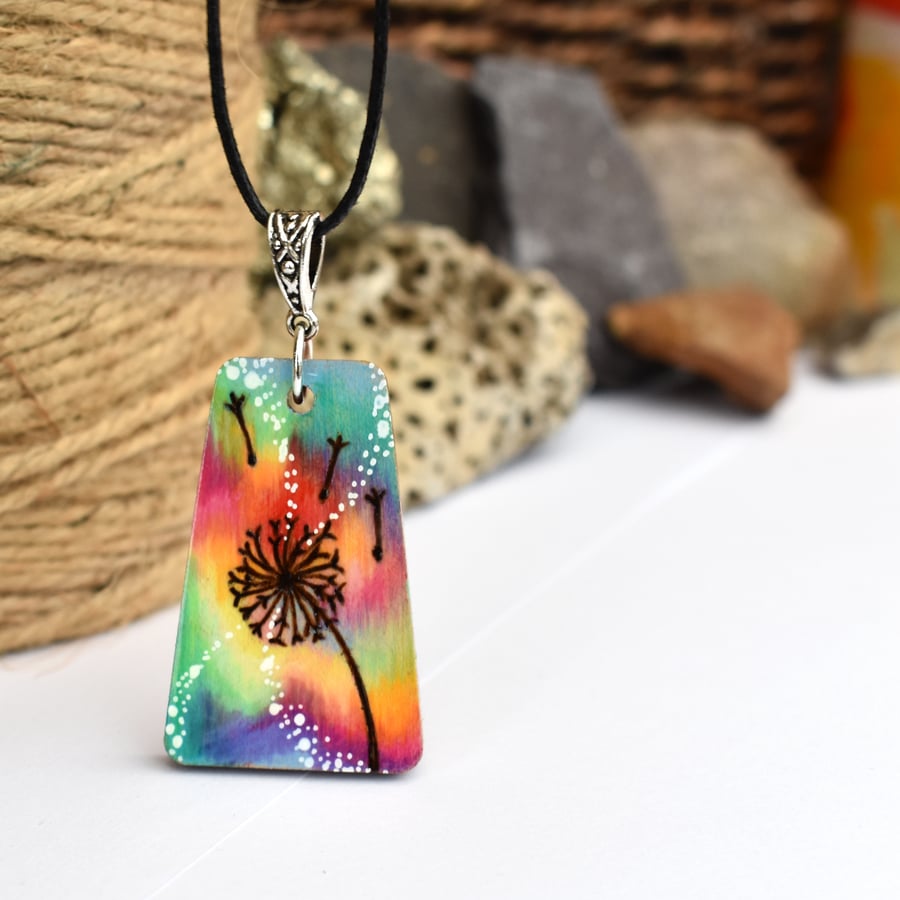 Rainbow dandelion clock pyrography wooden pendant necklace