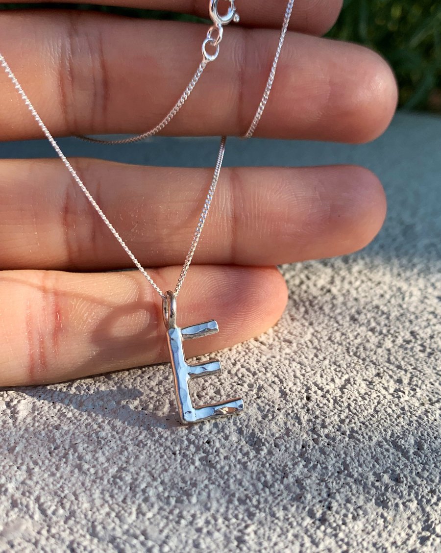 Silver Letter E Necklace - Small E Initial - Solid Sterling Silver - Hammered 