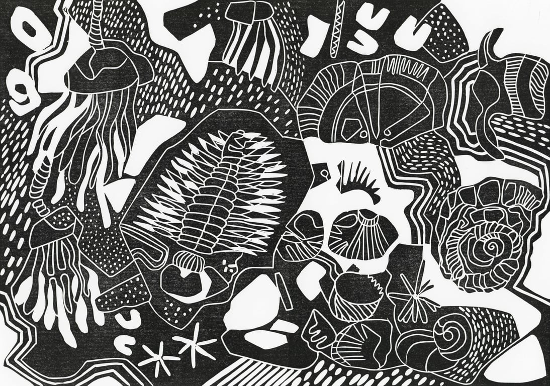 Fossilized, an original linocut.