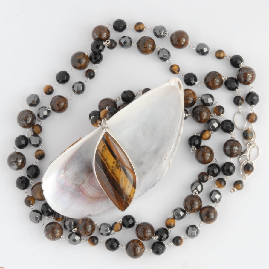 Extra long tigers eye silver necklace