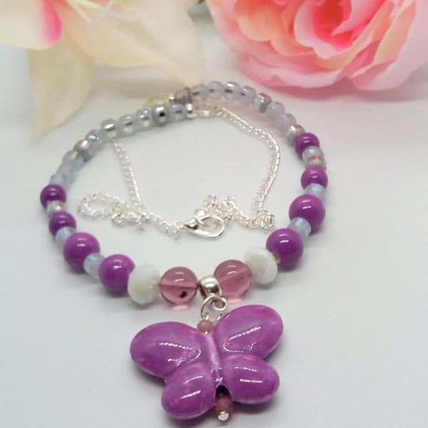Purple Beaded Necklace with a Ceramic Butterfly Pendant, Valentine Gift