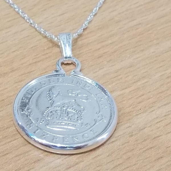 1914 110th Birthday Anniversary sixpence coin pendant plus 18inch SS chain gift