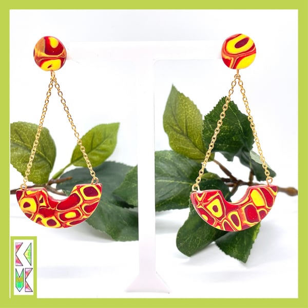 Long Swinging Drop Earrings in Red & Gold Millefiori Pattern 