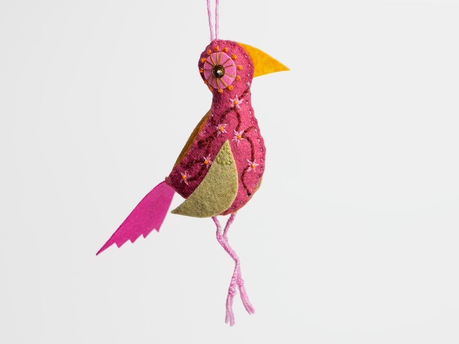 Pink felt 3D bird with Almond Blossom embroidery