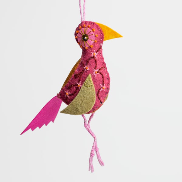 Pink felt 3D bird with Almond Blossom embroidery