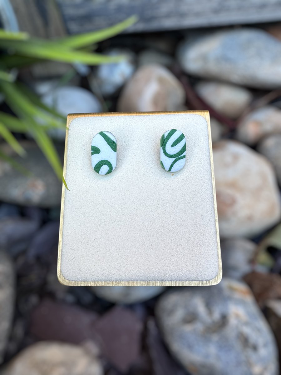 White and Green Oval Stud Earrings