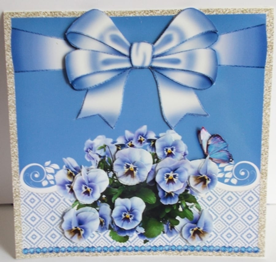 3D Blue Pansies and Large Blue ribbon card