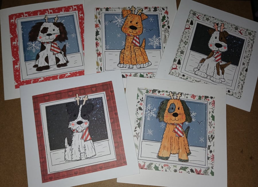 Quirky , illustrated, cute dogs with antlers handmade set of 5 christ cards 