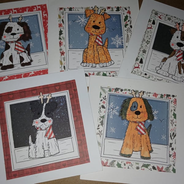 Quirky , illustrated, cute dogs with antlers handmade set of 5 christ cards 
