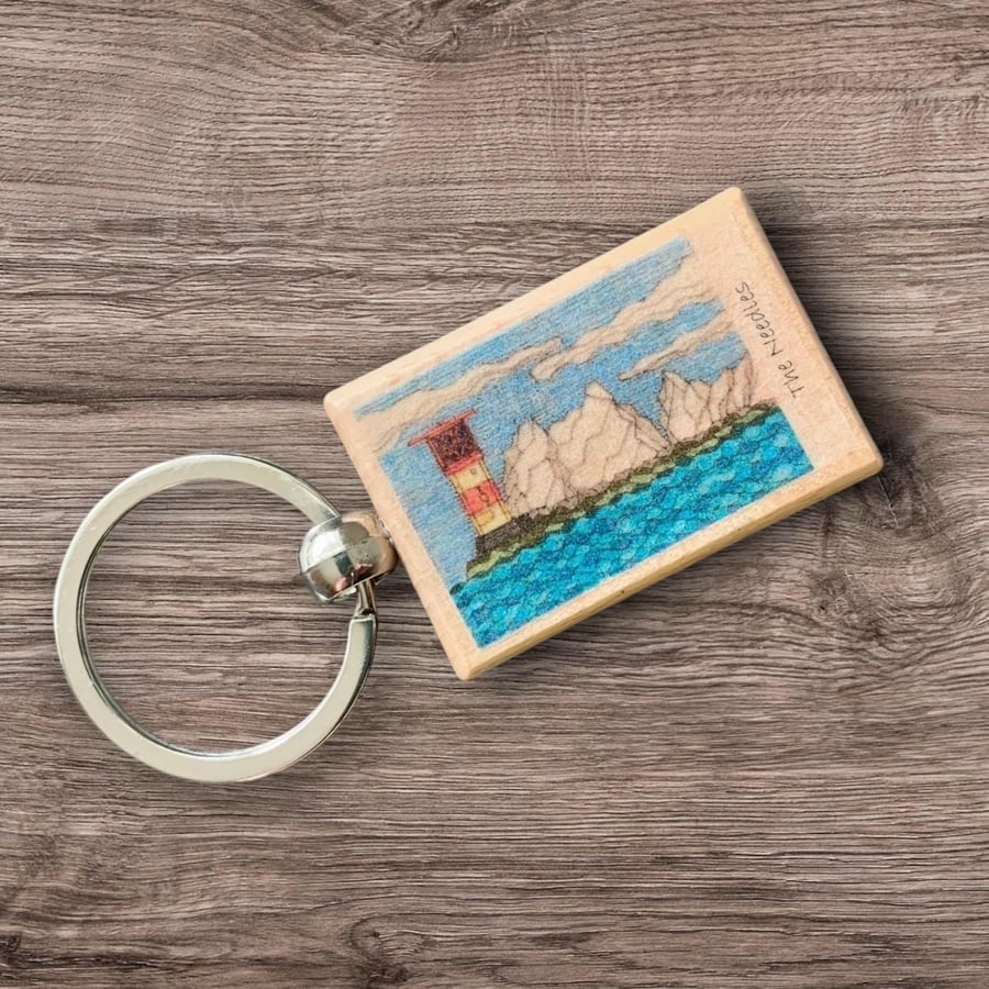 Isle of Wight Wooden Keyring featuring The Needles Lighthouse