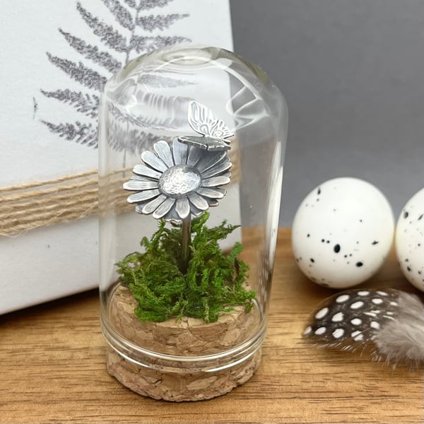 Handmade Sterling Silver Miniature Daisy Butterfly Scene 2 Bell Jar Cloche 
