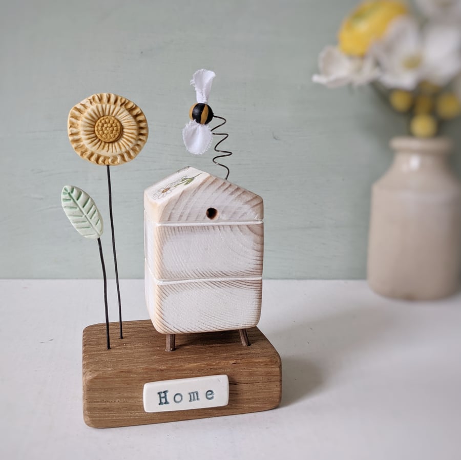 Wooden Beehive With Clay Flower and Bee 'Home'