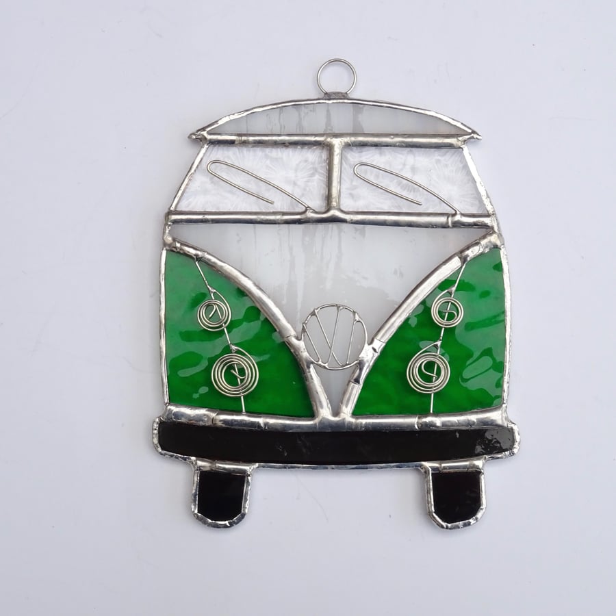 Stained Glass Camper Van Suncatcher - Handmade Decoration  - Green and White