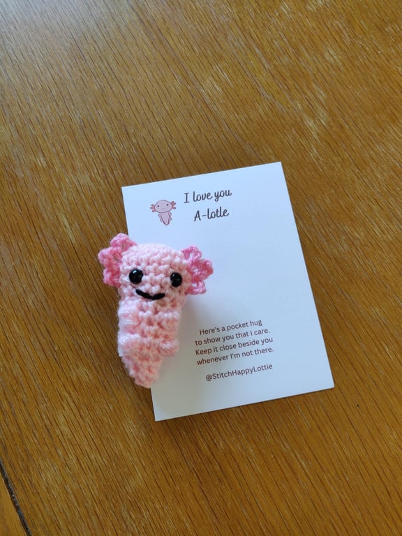 I Love you Alotle, Pocket Hug Token, Positive Gift Card, Crochet Axolotl, Mini A