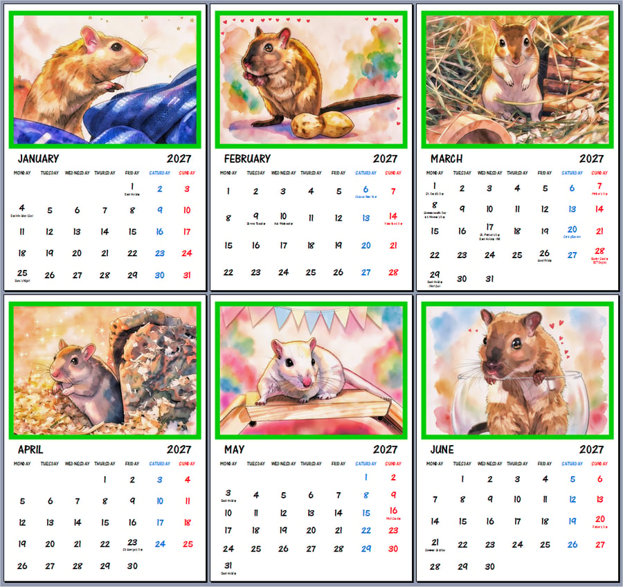 2027 A4 Calendar Gerbils Wire Hanging 