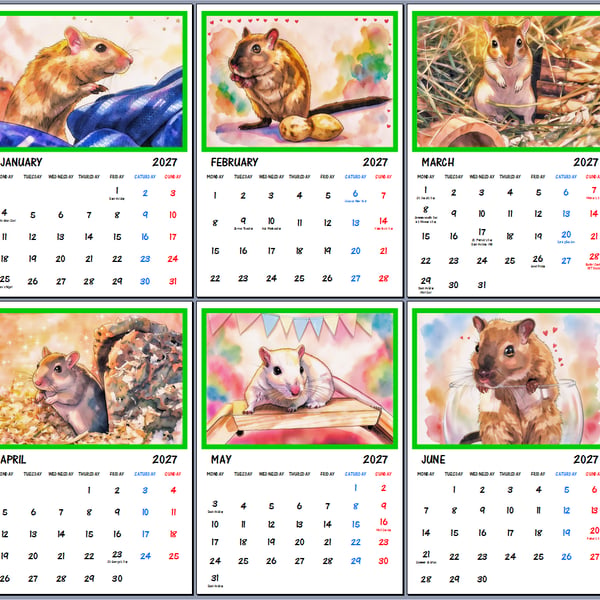 2027 A4 Calendar Gerbils Wire Hanging 