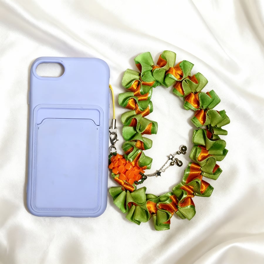 Handmade Orange Blossom & Green Satin Ribbon Phone Strap