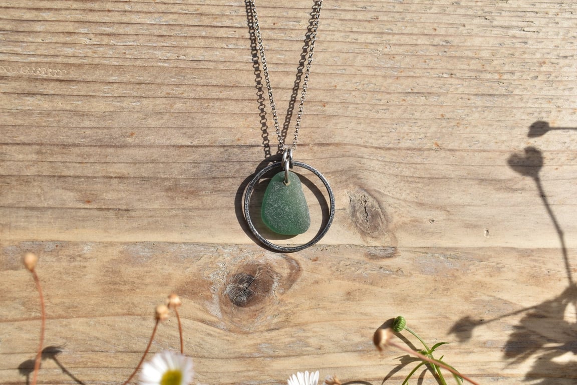 Sea Glass and Recycled Sterling Silver Necklace, Teal Green Scottish Sea Glass