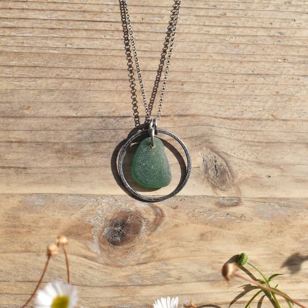 Sea Glass and Recycled Sterling Silver Necklace, Teal Green Scottish Sea Glass