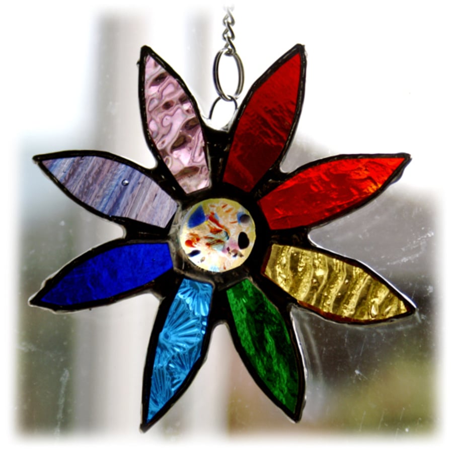 SOLD Rainbow Daisy Suncatcher Stained Glass Flower Dichroic 