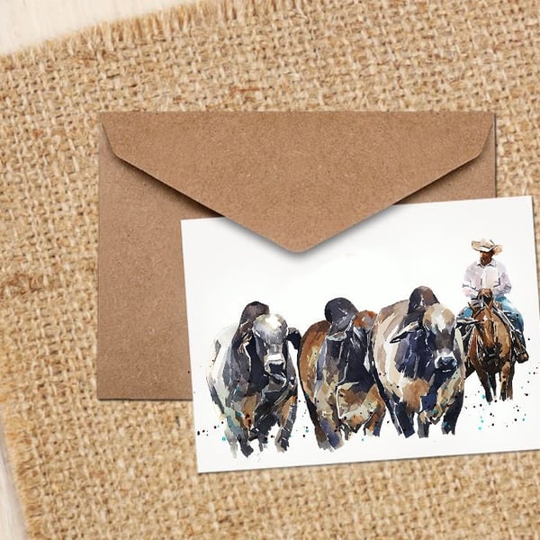 Brahman Cattle and Cowboy GreetingNote Card.Brahman Cattle cards,Brahman Cattle 